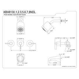 Kingston Brass KBX8138NDL 5-Inch length in Tub Spout NuvoFusion Three Handle Tub and Shower Faucet, Brushed Nickel