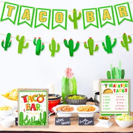 Ushinemi Pre-Strung Taco Bar Decorations Kit, NO DIY Taco Bar Banner Cactus Walking Tacos Sign for Mexican Fiesta Cinco De Mayo Party Decorations