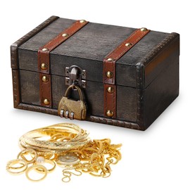 HSMHLYYB Wooden Treasure Chest Box, Wooden Treasure Chest with Lock, Small Pirate Treasure Chest, Vintage Treasure Chest Children with Lock for Storage, Children's Birthday Decoration, Gifts (16.7 x