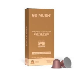 GO MUSH® 100% Organic Cordyceps Mushroom Coffee - 10 Pods, Natural Energy & Stamina Boost - Enhance Focus & Physical Performance - Compatible with Nespresso Machines - Daily Dose of Potent Purity