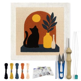 FREEBLOSS Punch Needle Kits Starter Embroidery Set Punch Needle Rug Kit with English Instructions for Adults Beginners Craft Lovers with Printed Cat and Windowsill Pattern 24x24cm/9.4x9.4inch