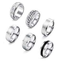 Thunaraz 6PCS Mens Rings 316L Stainless Steel Rings for Men Women Rings Vintage Mens Thumb Rings Silver Engagement Rings Wedding Band Fidget Mens Ring Set Size7