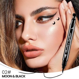 BINGBRUSH Double-head Liquid Stamp Eyeliner Pencil, Colors Flowers Heart Moon Star Shapes Face Stamps Makeup Colorful Waterproof Slim Gel Felt Tip High Pigment Liquid Eyeliner (02#Moon&Black)