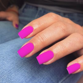 Matte Hot Pink Press on Nails Short Medium Square Glue on Nails Set, Xcreando Summer Square Fake Nails Short Coffin Nail Press ons Gel Medium Length For Women 24 Pcs, Neon Pink