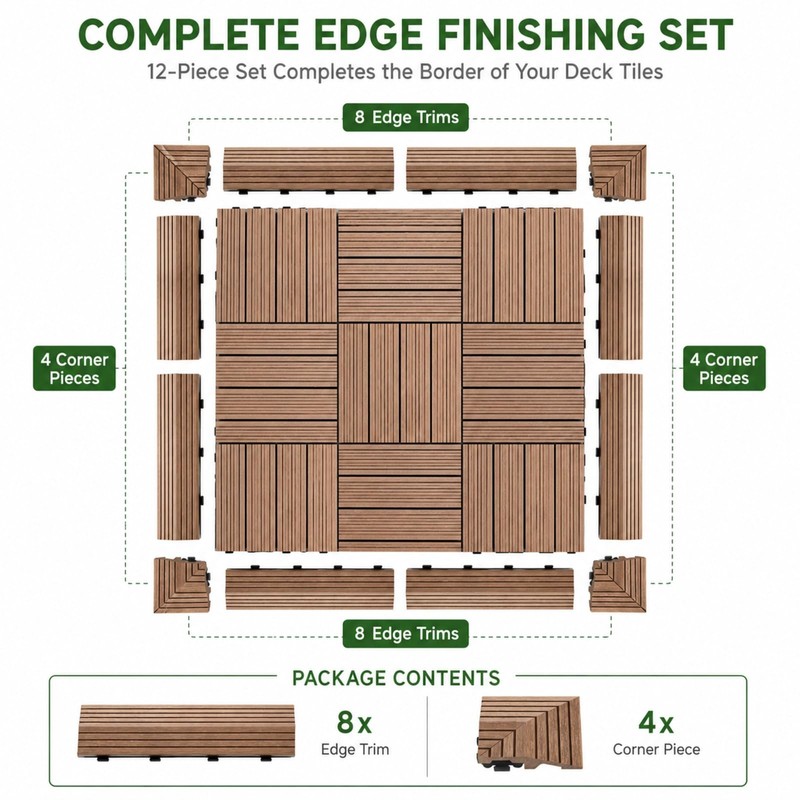 Ripeng Teak 12 Pack Wood Deck Tile Edge Trim Set
