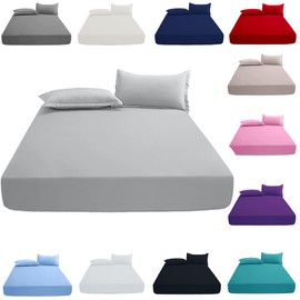 KHIM 100% Cotton 40CM/16inch Extra Deep Fitted Sheet Single, Double, King & Super King Bed Sheets (Silver - Double)