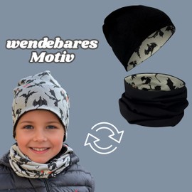HECKBO Children's Beanie Hat & Scarf Tube Scarf Set - Girls Boys - 95% Cotton - Autumn Spring Winter, dragon