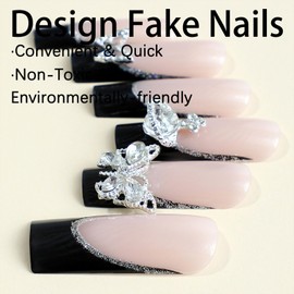 Black French Tip Press on Nails Long Square Fake Nails Press ons 3D Butterfly Saturn Charms Design Acrylic Nails Translucent Glossy Extra Long Glue on Nails for Women 24 Pcs