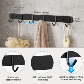 SHUTEX Pack of 2 Hook Rack, Coat Rack Made of 304 Stainless Steel with 6 Hooks, Hook Rack, Coat Hooks Made of Stainless Steel for Doors, Walls, Bathrooms, Kitchens, Hallways (Coat Hook Black)