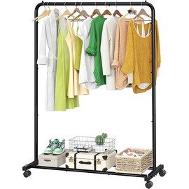 Simple Trending Standard Clothes Clothing Garment Rack with Storage Shelves, Rolling Clothes Organizer on Wheels for Hanging Clothes, Black