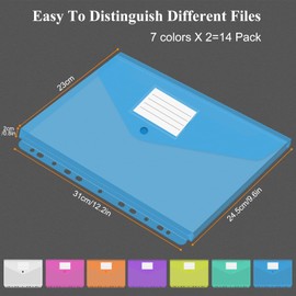 14 Pack Plastic Envelopes Binder Pocket 11 Holes Expandable Folders for 2/3/4 Ring Document Pouch with Snap Button & Label Loose-Leaf Transparent School Home Office (Sleek-Side Opening)
