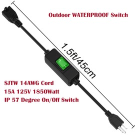 3-Prong Outdoor Waterproof Extension Switch Cord, in-Line On/Off Switch Extension Cord, SJTW 14AWG 3C IP57 Waterproof,Max.20A 125V Heavy Duty Inline Switch L=1.5Feet…