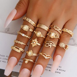 Bemous 16 Pcs Gold Knuckle Rings Set Vintage Stackable Ring Stackable Midi Finger Rings for Women Jewelry Mixed Size, Metal, No Gemstone