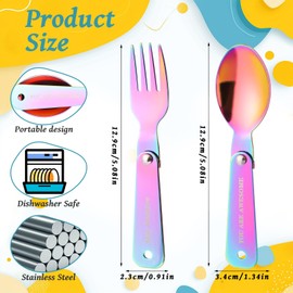 2pcs Folding Spoons and 2pcs Folding Forks for Thermos Funtainer Food Jar 10oz, Stainless Steel Foldable Utensils Replacement Part Accessory with Inspirational Lettering and Hanging Hole(Iridescent)