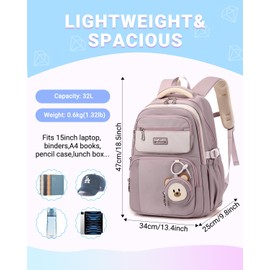 Children's Backpack Girls 32L School Backpack Girls 2-10 Classes, Lightweight, Breathable Back Padding, Padded Shoulder Straps, Chest Strap, School Bag, Children, School Backpack, Teenagers, 8+ Years