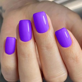 24 Pcs Purple Short Square Press on Nails Full Cover Glossy Acrylic False Nails with Design for Women Manicure Art