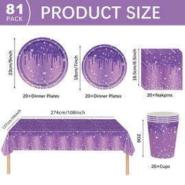 Girls Party Tableware Set 81 Pieces Shiny Diamond Napkins Plates Cups and Tablecloth Set for BBQ Birthday Baby Shower Wedding Party Decoration Supplies (Purple)