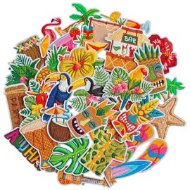 WILDREEDS 32 Pieces Summer Hawaii Iron on Patches, Colorful Hawaiian/Tropical/Tiki/Summer Pool Embroidered Patches Sew on Applique for Clothes, T-Shirt, Backpacks, Hats, Jeans, Jackets
