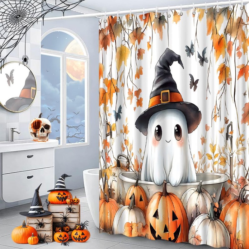 Funny Ghost Shower Curtain Fall Spooky Ghost Take Bath Bat