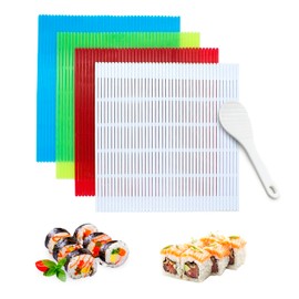 LIUCONGBD 4 Pieces Non-Stick Plastic Sushi Rolling Mat, Homemade Sushi Roller Kit with Rice Paddle, Japanese Sushi Mat for Home Kitchen DIY Sushi Plate Mat