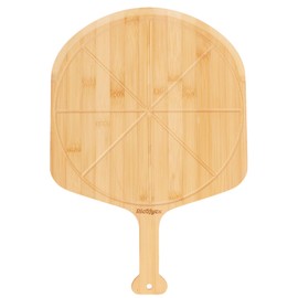 RICOJYCX 12 inch Natural Bamboo Pizza Peel, Double-Sided Use Pizza Cutting Board with 8 Slice Grooves for Pizza, Bread, Cheese, Vegetable, Fruits