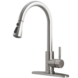 Ufaucet Kitchen Faucets with Pull Down Sprayer, Brushed Nickel High Arc RV Laundry Bar Commercial Sink Faucet, 1 or 3 Hole Stainless Steel Single Handle Faucets for Kitchen Sink with Deck Plate