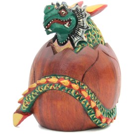 Brave Wings Hand Carved and Painted Wooden - Small Hatching Dragon with Green and Golden Scales - Wood Ornament Sculpture Figurine Statue Unique Table Decoration Home Decor Gift for Birthdays - - 1204