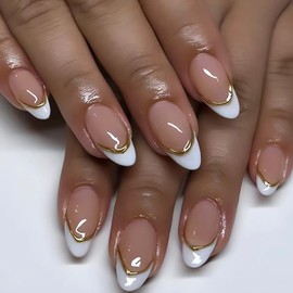 LPOODDNU White French Tip Press on Nails with 3D Gold Edge Designs Medium Fake Nails Almond Glue on Nails, 24Pcs Medium Length Stick on Nails Glossy Pink Acrylic False Nails for Women
