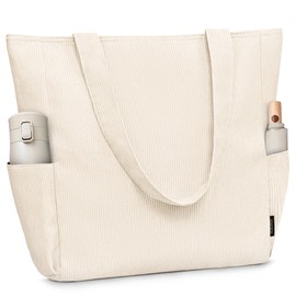 Buringer Corduroy Tote Bag for Women Large Shoulder Bag with Zipper and Pockets for Travel Gym Vacation (Beige)