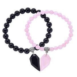 Tegembur Matching Heart Couple Bracelets Long Distance Relationship Anniversary Stretch Bracelet 6mm 8mm Rose Quartz Black Obsidian Beaded Stone Bracelet Jewelry for Women Men
