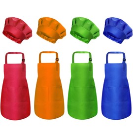 yarachel Kids Apron and Chef Hat Set - 8 Pieces Waterproof and Adjustable Child Aprons with 2 Pockets Kitchen Bib Aprons for Boys and Girls Kitchen Cooking Baking Painting Medium Color 1