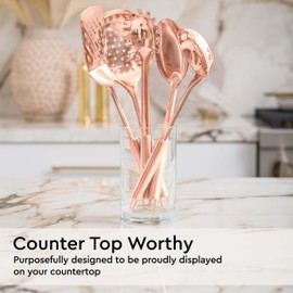 Copper Cooking Utensils Set – 5-Piece Rose Gold Stainless Steel Kitchen Tools for Cooking and Serving Includes Ladle, Spoon, Pasta Fork, Spatula, and Skimmer – Stylish Copper Kitchen Accessories