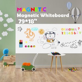 Magnetic Whiteboard Paper for Wall 79" x 18", Adhesive Magnetic Dry Erase White Board Sticker with 79 Magnetic Letters and 12 Colors of Liquid Chalk for Kid, Peel and Stick Whiteboard Wallpaper
