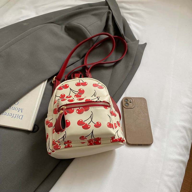 AnBlack Mini Court Backpack With Cherry Print,Stylish Daypack Purse Handbag