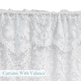WUBODTI 72 Inch White Lace Curtains with Valances 2 Panels, Floral Embroidered Sheer Curtains & Drapes Rod Pocket Lace Tulle Victorian Curtain Attached Valance for Living Room Bedroom Girls Room