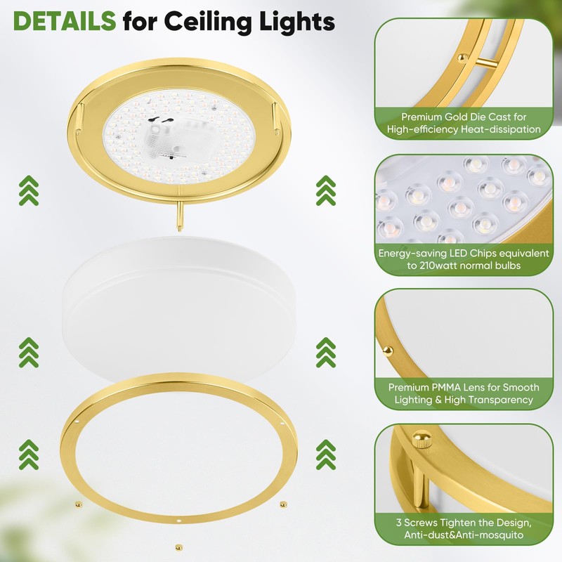 10 Inch LED Flush Mount Ceiling Light, Gold Kitchen Lighting