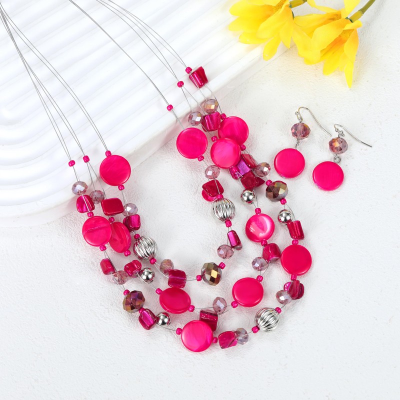 Aenu Multi-Strand Shell Beaded Statement Necklace and Earrings for Women