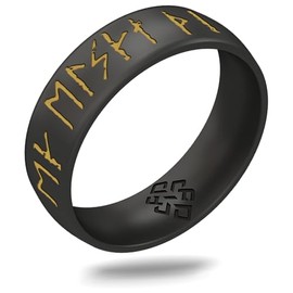 Knot Theory Viking Silicone Ring - I Love You in Rune Characters with Gold Inlay - Dark Silver Size 7 6mm Breathable Comfort Fit - Valentine's Engagement Wedding Band
