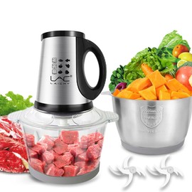 Food Processor,Small Meat Grinder,300W Powerful Pure Chopper Motor Food Choper,Electric Vegetable Choper with 2 Bowls(8 Cup+8 Cup) and 2 Blades for Onion,Baby Food,Meat,Fruit