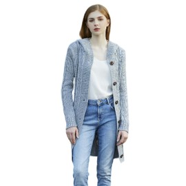 Women's Hooded Open Front Cardigan Long Sleeve Cable Knit Sweaters Outwear with Pockets, Grey, One Size