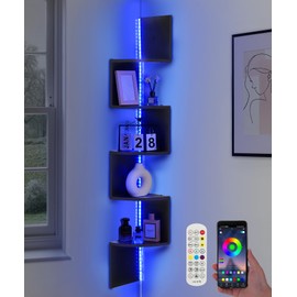 Outink 5 Tiers Corner Shelf with RGB LED Lights, 49.2" Wall Mount Floating Corner Display Shelf for Living Room Bedroom Home Office Decor, APP & Remote Control (Black)
