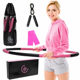 Weighted Hula Hoop for Adults - 2.8lb Detachable Exercise Hoop - Fun & Portable Fitness Circle with Jump Rope, Resistance Band & Carry Bag (Black/Pink)
