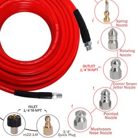 Sewer Jetter Kit for Pressure Washer 200FT, 5800PSI Drain Cleaner Hose 1/4 Inch NPT Corner with 5 Sewer Jetting Nozzles，Waterproof Tape，Pearl Corsage Pin & 2 Spanners (Red)