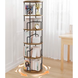5 Tier Rotating Bookshelf Tower Round,Tall Floor Standing Spinning Bookshelf Tower Anti-Tipping Design,Metal & Wood Revolving Bookcase Stackable Space Saving for Small Spaces,Study,Living Room,Bedroom