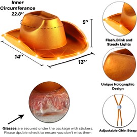 Funcredible Orange Light Up Cowboy Hat and Glasses - Holographic Led Orange Cowboy Hats for Women - Space Cowgirl Hat - Space Cowgirl Costume Outfit