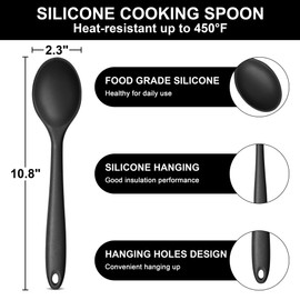 E-far Silicone Cooking Spoon Set of 2, Heat Resistant Kitchen Spoons Utensils Nonstick Mixing Spoon for Baking Stirring Serving, Non-Toxic & Dishwasher Safe (Black)