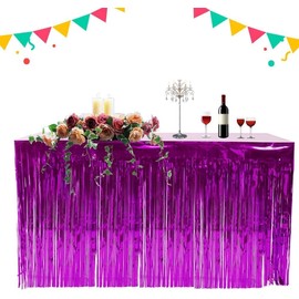 PUZINE 4 Pack Metallic Foil Fringe Table Skirt Tinsel Party Table Skirt Banner for Parade Floats Mardi Gras Party Decoration（L108 inH 29in） (Pink, 4pack)