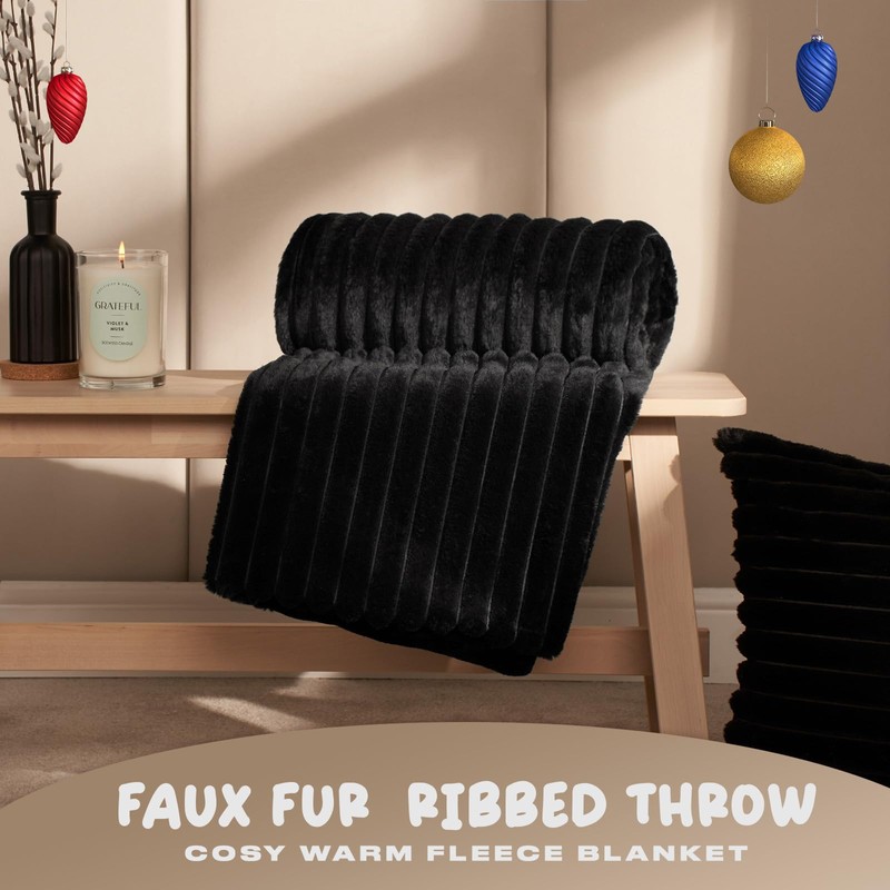OHS Faux Fur Black Throw Blanket for Bed, Thick Soft