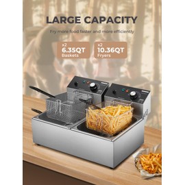 HOUSNAT Commercial Deep Fryer with Basket, 3400W 20.7QT/19.6L Electric Deep Fryer with 2 x 6.35 QT Removable Baskets, Stainless Steel Countertop Fryer for Restaurant or Home Use