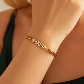 ZenVib Mama Bracelet For Women, To My Mom 18k Gold Plated 4MM Stainless Steel Beads Chain Mothers Day Statement Charm Gift Jewelry (MAMA Silver)